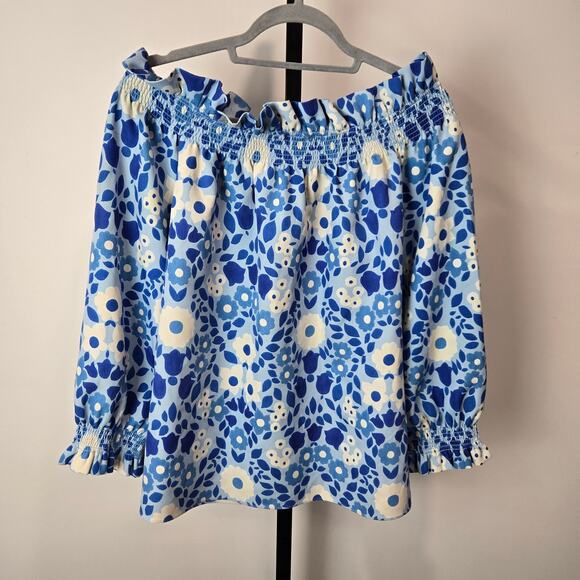 Tuckernuck Off Shoulder Marguerite Top Blouse Blue Floral Majolica XL Resort - Picture 5 of 7